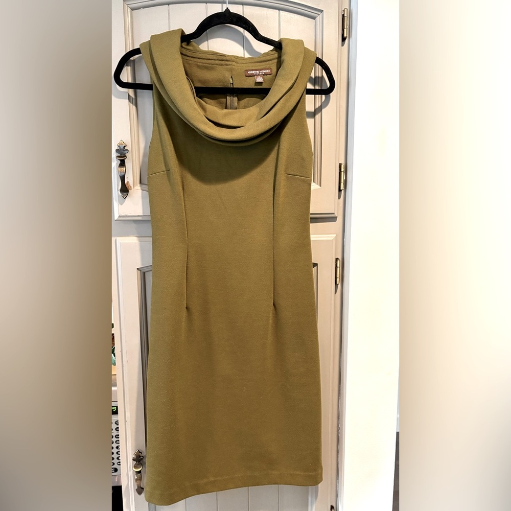 Adrienne Vittadini Olive Knit Fitted Dress, Size 4, 
Darts in bodice, bust, vent